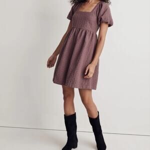 Madewell Floral Quilted Puff Sleeve Mini Dress Purple Jacquard Square Neck Large